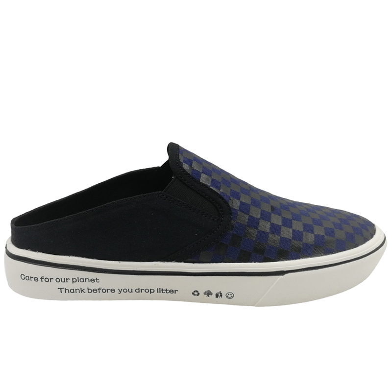 Man Casual Shoes Trendy Checkerboard Canvas Footwear Half Slipper Shoes Black Blue