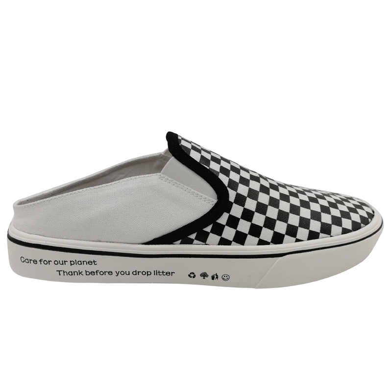 Man Casual Shoes Trendy Checkerboard Canvas Footwear Half Slipper Shoes White Black