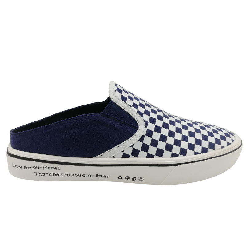 Man Casual Shoes Trendy Checkerboard Canvas Footwear Half Slipper Shoes Blue White